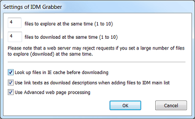 Settings of IDM Grabber dialog